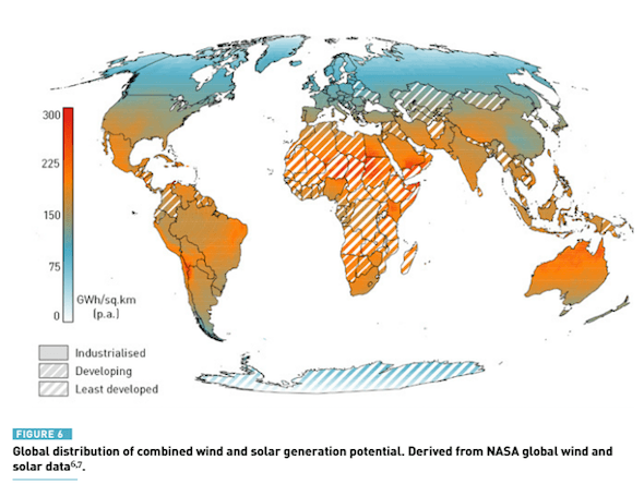 Map: Global distribution of combined wind and solar generation potential