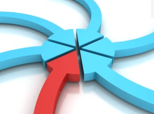 Image of convergence: A red arrow and five blue arrows meet point to point